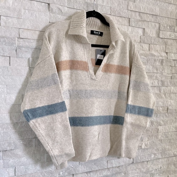 Horizontal Striped Collard V-Neck Loose Fit Sweater - Picture 7 of 8